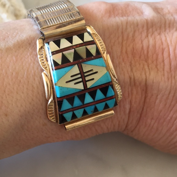 Vintage 14K Gold Native American Zuni Watch Tips Artist Signed Walley - Picture 5 of 11
